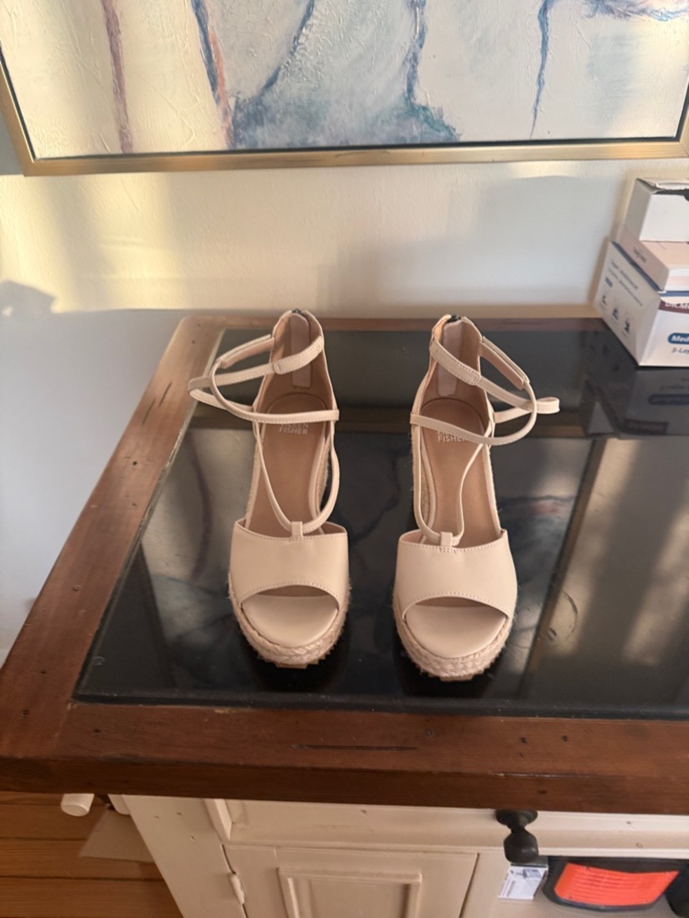 Eileen Fisher Nude Espadrille T-Strap Wedge Sandals